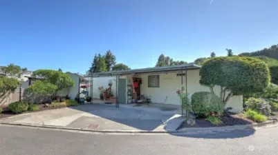 Spacious driveway and carport greet you.