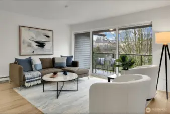 Living Room with Grand Window Wall & Sliding Glass Door to View Deck