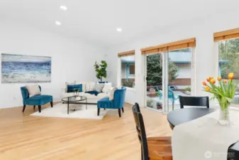 Access the patio and pond via sliding glass door.