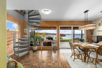 Spiral staircase leads to Rec room