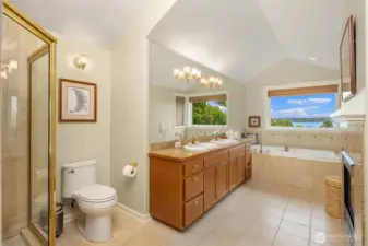 Ensuite primary bath with shower and soaking tub