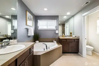 Spa-inspired primary bath featuring dual vanities, a soaking tub, and a separate shower.