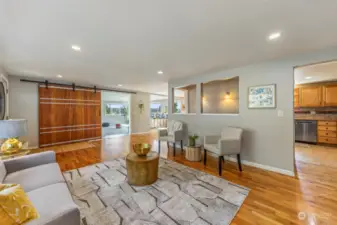 Beautiful Barn Door to separate Livingroom and the Entertainment Room