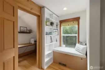 Window seat reading nook with storage, to left is a perfect home office!