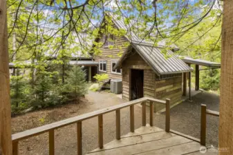 Here is the view from the treehouse, looking toward the woodstorage shed and pond area.