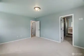2nd view of the primary bedroom, with custom en-suite bathroom and walk in closet.