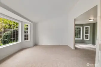 Front room, with window toward plenty of green space.