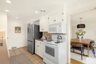 Kitchen is light and bright and has a brand new fridge!