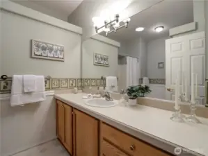 The primary en suite has room for more than one person at the time.