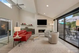 Gas fireplace, with awesome skylights.