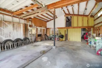 Front side of the huge shop. Fits at least two cars, has storage above and room for hobbies and toys.