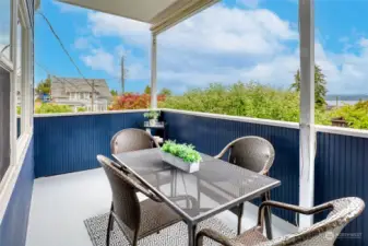 Outdoor dining space connects to dining room and study