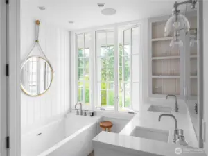 The primary bath with BainUltra tub, Quartz countertops and built-ins.