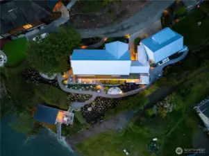 An aerial shot of the property. The epitome of waterfront living on Bainbridge Island.