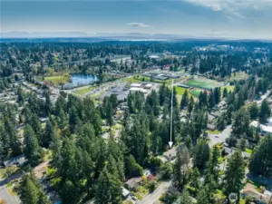 Aerial view looking SE. Mount Rainier is in the upper right.
