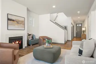 Bright and spacious great room with gas fireplace