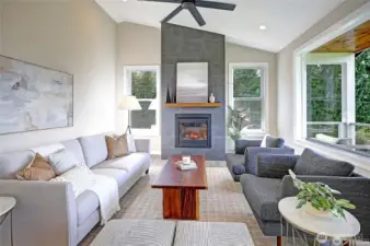 Beautiful tile-accented fireplace adds warmth and style.