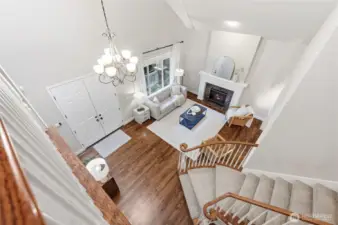 View from above of the curving staircase.