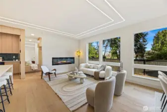 The open floor plan creates an effortless connection between the living, dining, and kitchen spaces.