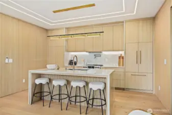 Gourmet chef’s kitchen featuring custom cabinetry and a massive waterfall island.