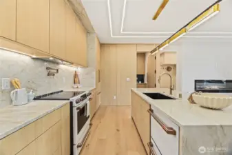 Detail view of the gourmet kitchen showcasing the expansive island and premium integrated appliances.