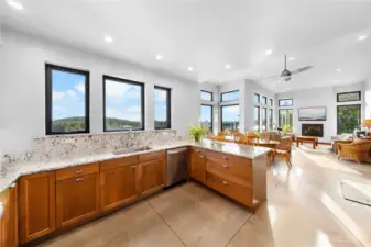 View from the kitchen back towards the living and dining spaces.