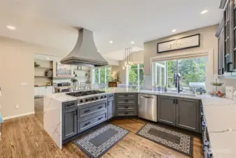 The remodeled kitchen (2021) is a gourmet chef's delight with high-end cabinetry & appliances, quartz countertops & backsplash, hardwood floors, Viking range and a commercial grade overhead fan.