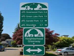 This sign is across from the property. Neighborhood greenway! Very short ride to Green Lake and Greenwood Park by way of Healthy Street and neighborhood greenway.