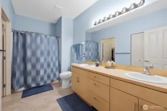 The primary bath features a dual sink vanity, tub/shower combo, and a walk-in closet.