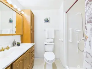 Ample counter space and storage and a step-in shower. What more would one need?