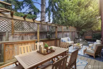 Large private fenced back deck and patio area