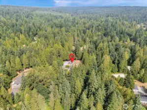 Aerial view showing private forested setting