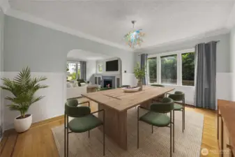 Dining room with view through to living room and fireplace