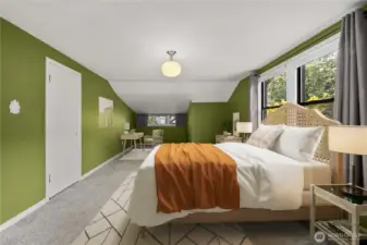 This huge upstairs bedroom is on the south east corner of the home, full height ceiling except for small area with east-facing dormer windows can be seen.