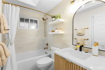 The upper level full bath is a stunner! The perfect contemporary design that feels bright & luxury