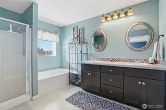 Primary bath, double sinks, soaking tub, shower and second walk in closet