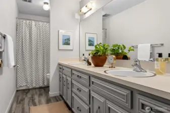 Extra large vanity with double sinks offers convenience and abundant storage