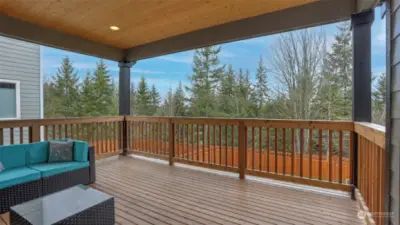 Extra-large covered deck with sweeping views of the greenbelt out back.