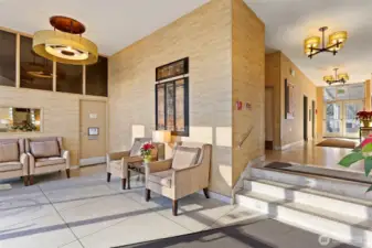 A warm, well-maintained lobby with inviting seating—comfortable, simple, and quietly polished.