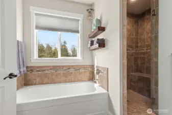 Tiled shower and tub in master bathroom