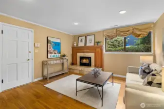 Rec Room with wood burning fire place.