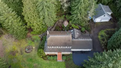 Ariel shot showing the privacy and locations of the home, shop, gazebo and firepit