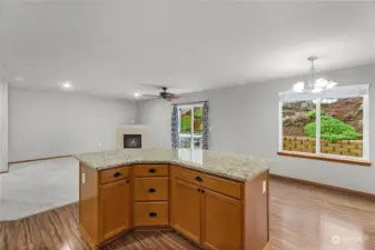 kitchen, dining area, living room