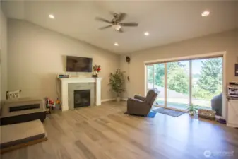 Living area triple wide slider with custom pull down shades.