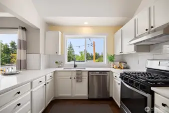 Overlooking the backyard, the kitchen features subway tile backsplash, quartz counters and stainless steel appliances.