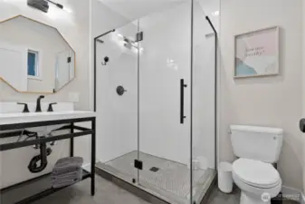 Bathroom in basement apartment. No stair access and no stair shower. Perfect for people with limited mobility.