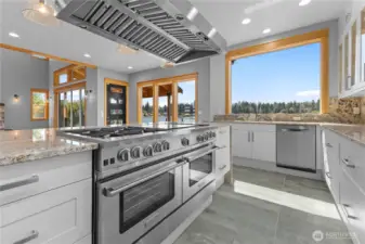 Bluestar double oven & fan with 6 gas burners & flat grill.