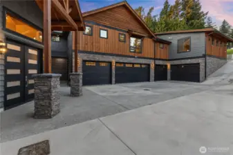 Stained cedar with gray, black, and stone accents