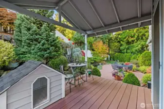 Covered back deck with wood shed or pet house.