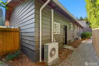 Heat pump services a one head mini-split for efficient heating and air conditioning (augmented by gas furnace for the coldest days of the year)